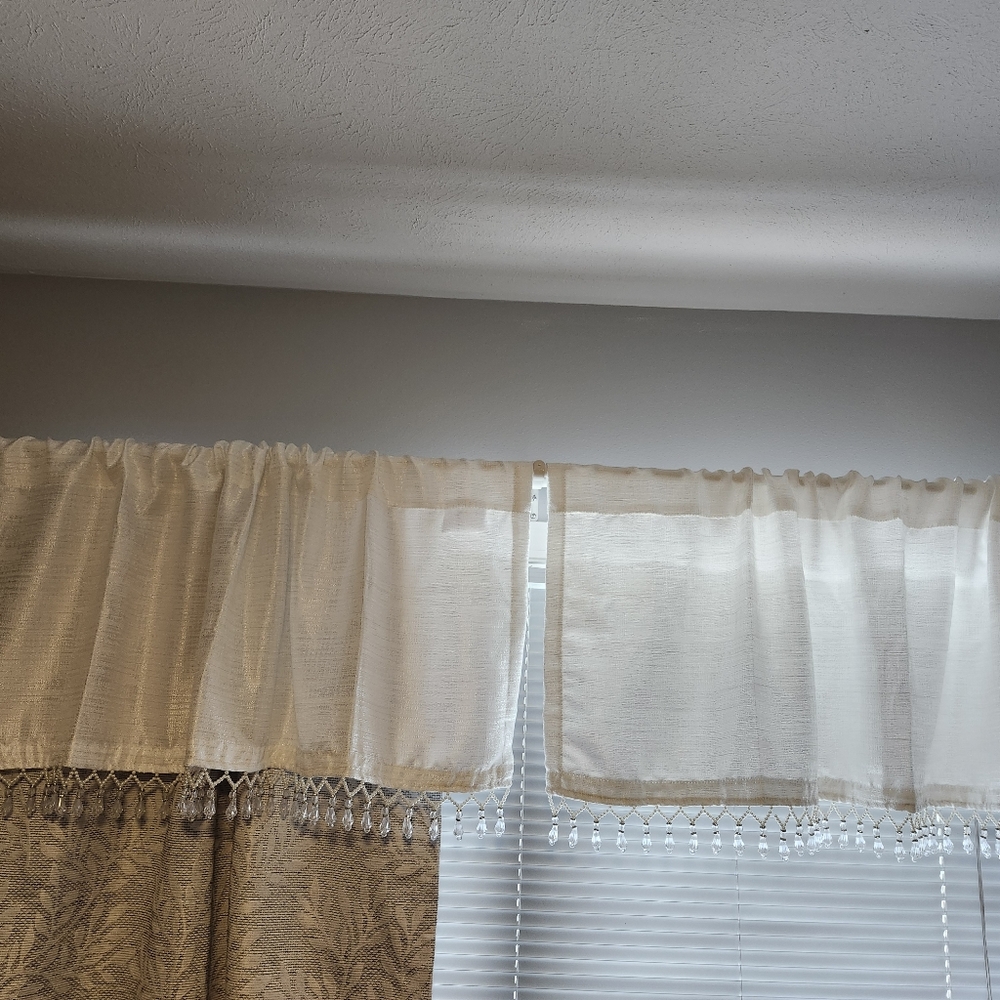 White with pearl, clear, rhinestone bead trim window valances
